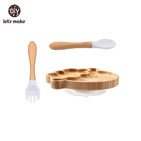 KIT ALIMENTAÇÃO PARA BEBÊS EM MADEIRA E SILICONE LET'S MAKE